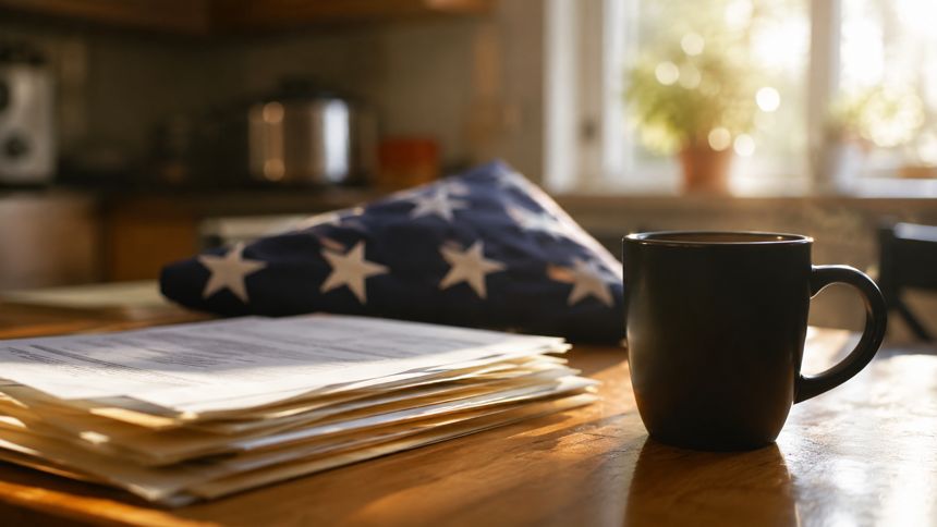Folded American flag beside a stack of papers and coffee on a kitchen table