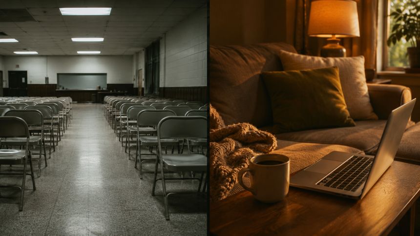Empty hall with folding chairs next to a warm living room with a laptop