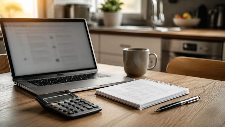 Kitchen table with a laptop, calculator and notepad
