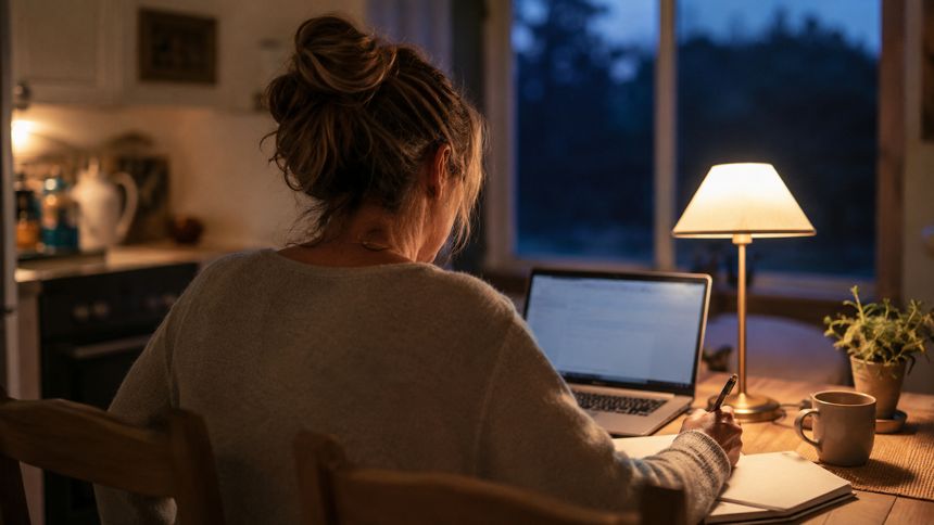 Woman writing notes at her kitchen table in the evening beside a laptop
