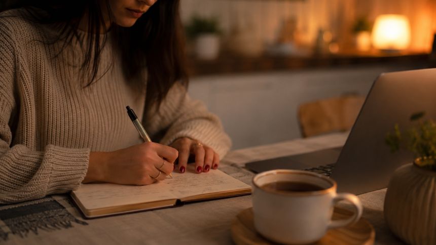 Close-up of a woman writing in a notebook next to a laptop and cup of tea